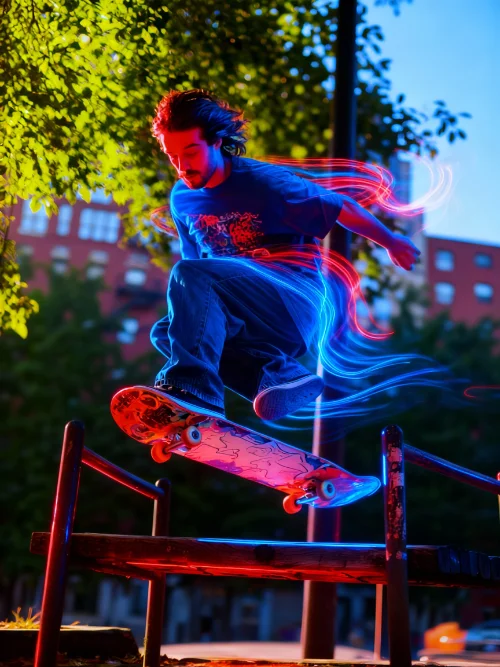 Неоновый портрет с красно-синим световым ореолом и движением - результат