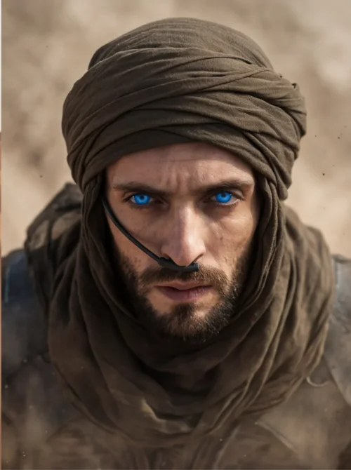 Эпический портрет персонажа с Арракиса в пустынной атмосфере