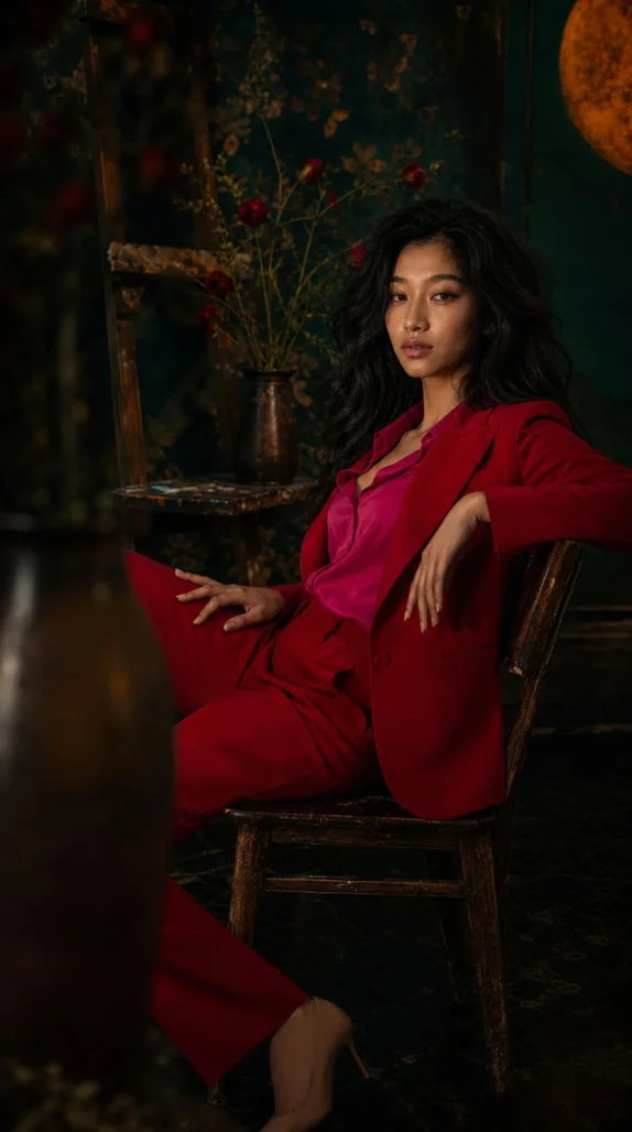 Женщина в красном костюме сидит на деревянном стуле в темной комнате с цветами.